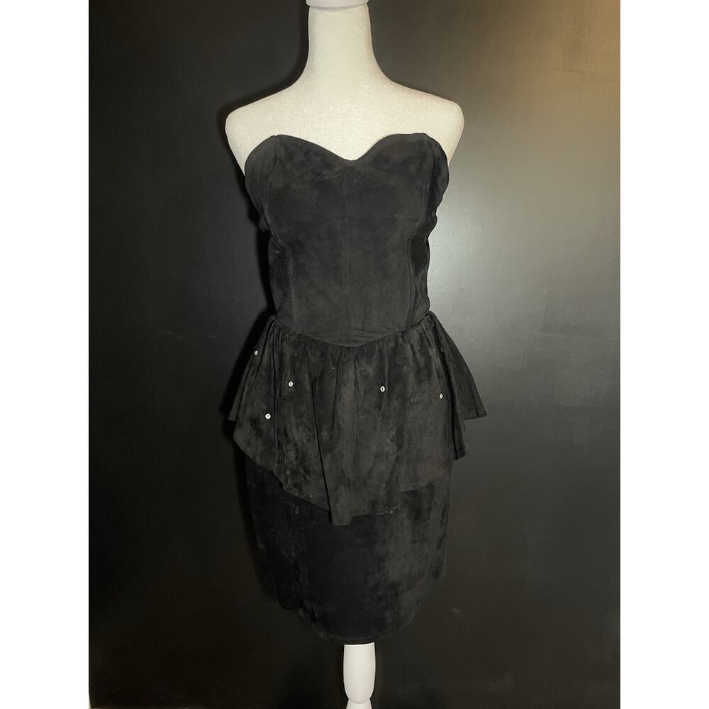 Lillie Rubin Black Genuine Suede Dress M Vintage 90s Bustier Peplum Rhinestone